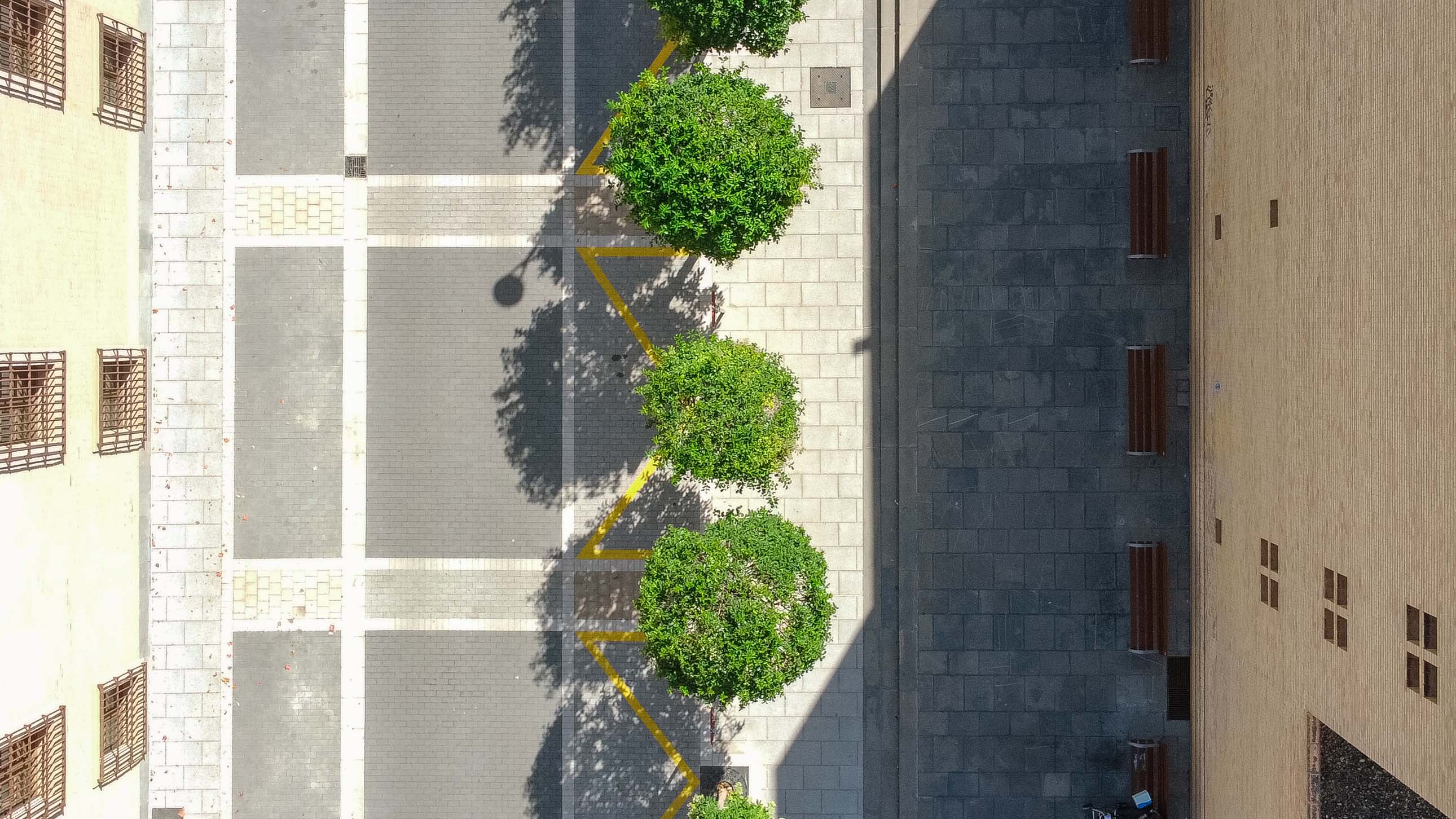 Plano cenital del nuevo trazado urbano con arbolado y zonas de aparcamiento